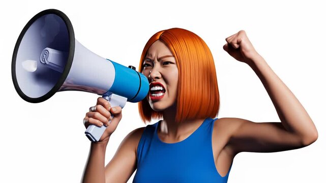 Angry asian woman with orange hair shouting into a blue and white megaphone with a raised fist, isolated on white background