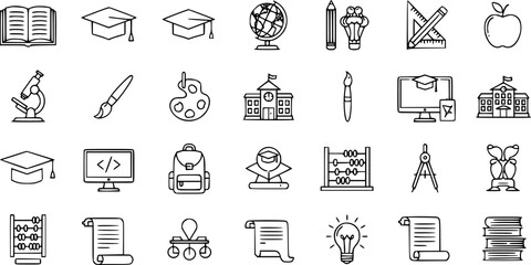 Education Icons Set: School, Learning, and Academic Tools Line Art