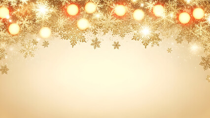 A festive golden Christmas background with a border of sparkling snowflakes and warm bokeh lights.