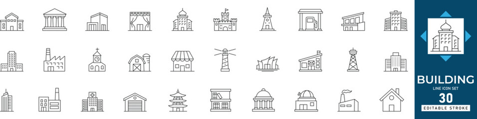  building icon set featuring architecture, construction, real estate, structures, post, school, library, hospital, government, urban, planning, and property development visuals.