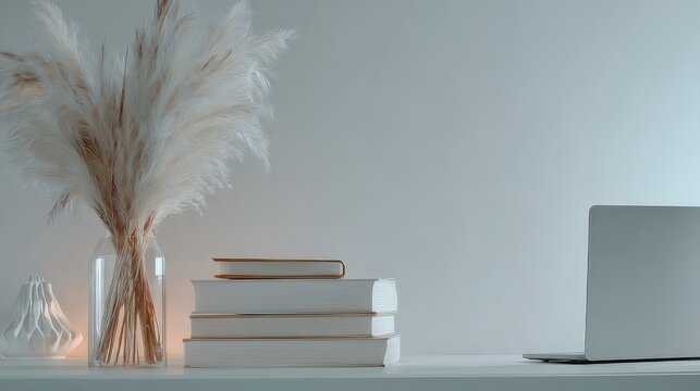 Softly lit contemporary desktop arrangement featuring dried plumes, stacked literature, and a portable computer provides copy space.