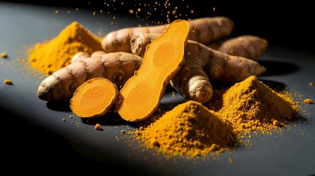 Fresh and Powdered Turmeric on Dark Surface