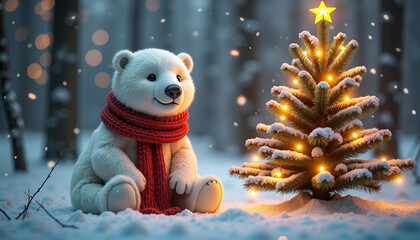 Cute polar bear sitting by decorated Christmas tree in snowy forest  