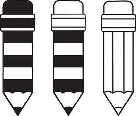 Pencil Icons Set - Black and White Striped, Solid, and Outline Illustrations for School and Design