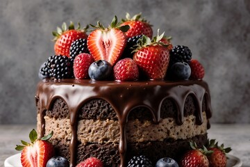 Decadent Delight: A luxurious chocolate cake is adorned with an assortment of fresh berries, evoking indulgence and celebration. The rich dark chocolate frosting cascades elegantly.