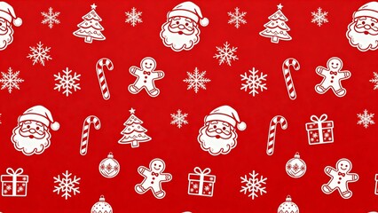 Red Christmas pattern featuring Santa Claus, snowflakes, gingerbread men, candy canes, Christmas trees, and gifts