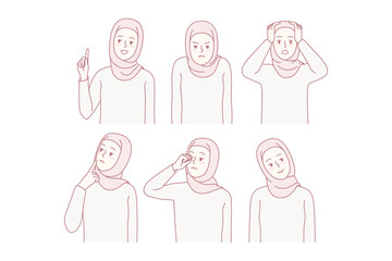 Set of young woman in hijab. Collection of Muslim female in traditional clothes showing different emotions. Vector illustration.