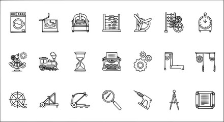Vintage Tech Icons: A Collection of Mechanical  Scientific Instruments in Outline Style