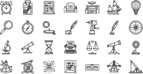 Fototapeta premium Line Art Icons Collection: Vintage Scientific Instruments and Tools Illustration