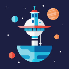 Futuristic space station on alien planet with stars and planets