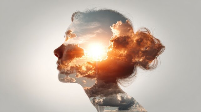 A female silhouette blends with a beautiful sunset featuring vibrant clouds. This artistic representation evokes feelings of peace and introspection highlighting a connection with nature.