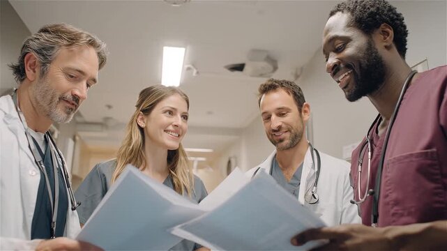 Four diverse medical professionals smiling and reviewing patient charts in a hospital hallway