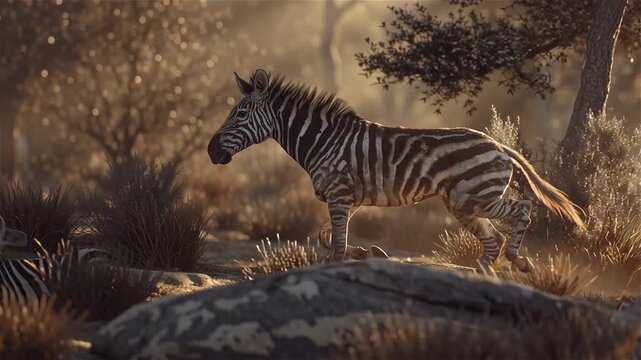 A zebra walks through a sunlit, dusty savanna landscape with sparse vegetation