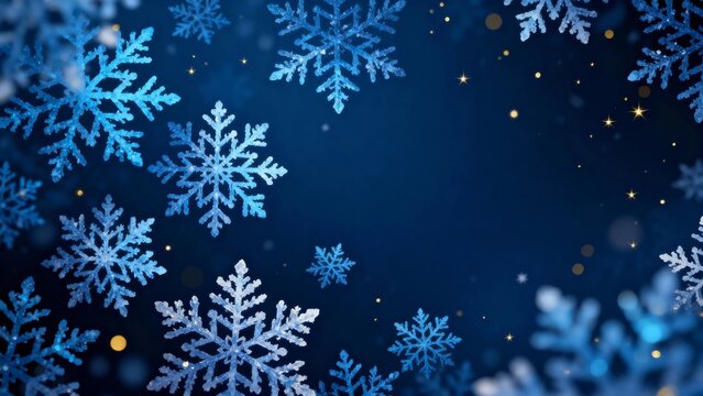 Blue snowflakes falling against a dark blue background with glowing particles
