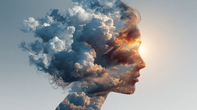 A person's silhouette is filled with stunning clouds and a bright sun. The scene symbolizes creativity dreams and the power of imagination. It evokes a sense of wonder and inspiration.