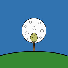 Minimalist cartoon tree with white round canopy on green hill