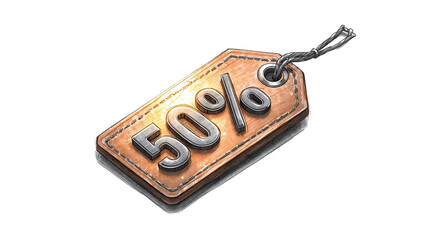 A fifty percent off tag with metal accents and a leather style texture on a black background on transparent background