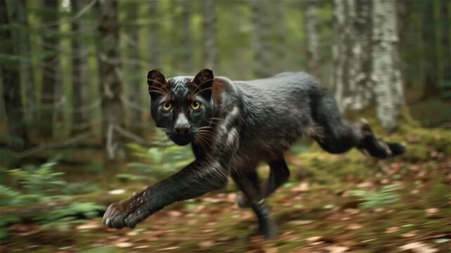 Black panther running quickly through a motionblurred forest environment