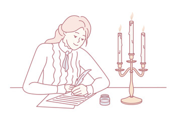 Oldfashioned writing scene, Vintage calligraphy by candlelight, Serene evening setting for artistic writing session, Quintessential scene of calligrapher crafting elegant script under candlelit decor