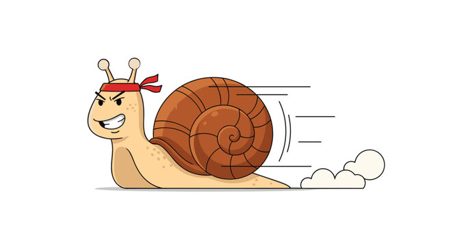 A fast and determined cartoon snail is shown racing with a red bandana and motion lines.