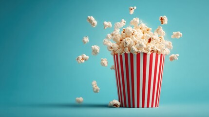 A striped bucket filled with fluffy popcorn is seen with some kernels spilling out against a bright blue background. This scene captures the excitement of movie snacks.