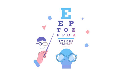Whimsical eye chart with playful glasses and colorful geometric accents making