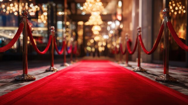 A luxurious red carpet stretches out lined with velvet ropes guiding guests towards a glamorous entrance. Bright lights twinkle in the background creating an enchanting atmosphere.