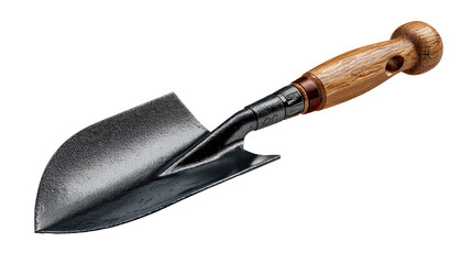 All garden shovel upright front view with extended wooden handle on transparent background