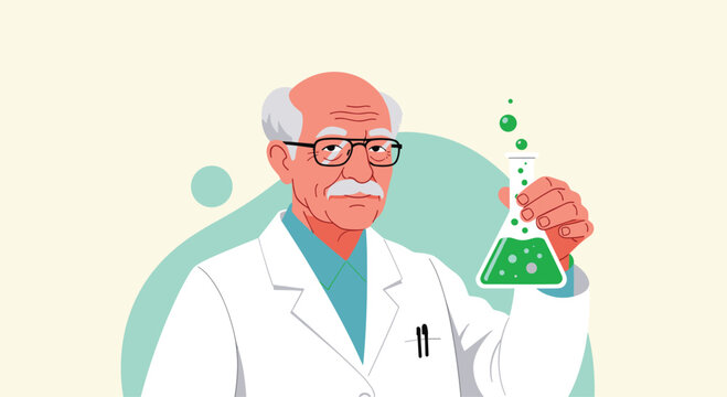 An elderly male scientist with a mustache is carefully examining a green chemical in a flask.