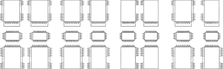 Electronic microchip outline set with integrated circuit package drawings, technical semiconductor component icons, vector chip diagram collection for engineering, hardware design, manufacturing