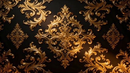 Golden ornate damask pattern on dark background