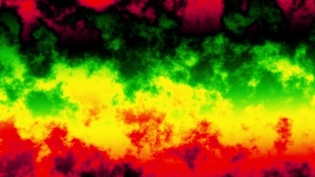video of Abstract background featuring smoke curves and waves in reggae flag colors: green, yellow, and red. Loop background
