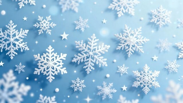 White snowflakes and stars floating on a soft blue background