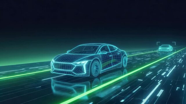 Holographic car on glowing smart highway with neon beams at night, iot concept, sensor technology, car technology