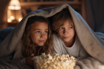 Children watching movie under blanket with popcorn and warm lamp glow, cozy indoor evening scene with siblings sharing quiet joyful moment
