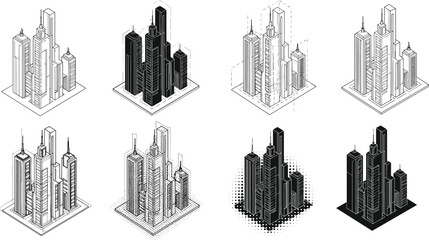 Fototapeta premium Isometric skyscraper illustrations, modern city skyline designs, futuristic urban architecture set, black and white high-rise buildings, detailed metropolitan tower drawings, vector cityscape art