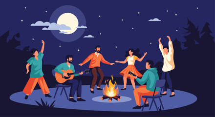 Friends gather around a campfire at night playing guitar and enjoying each other's company.