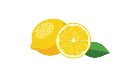 A whole lemon and a cut half are shown with a green leaf highlighting the fruit's freshness.