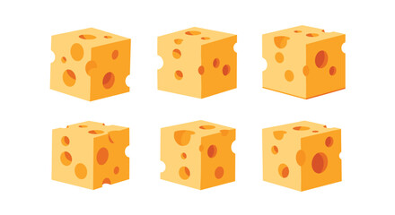 A set of six cheese cubes with holes like Swiss cheese are ready to be eaten as a snack.