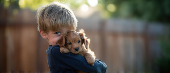 Young child hugging small brown puppy with warm outdoor light, tender joyful moment in backyard