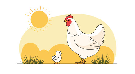 A hen and her chick enjoy a sunny day on the farm representing a peaceful rural scene.