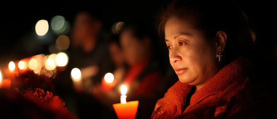 Woman holding candle at nighttime vigil with soft warm bokeh light contemplative expression and reflective mood in crowd