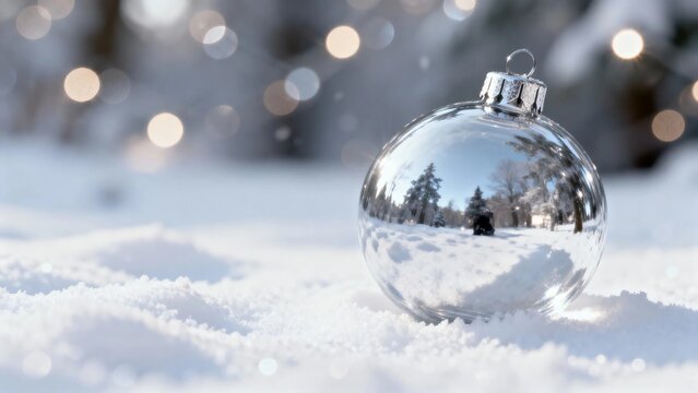 Shiny silver Christmas ornament resting on snow with winter landscape reflected in its surface - Powered by Adobe