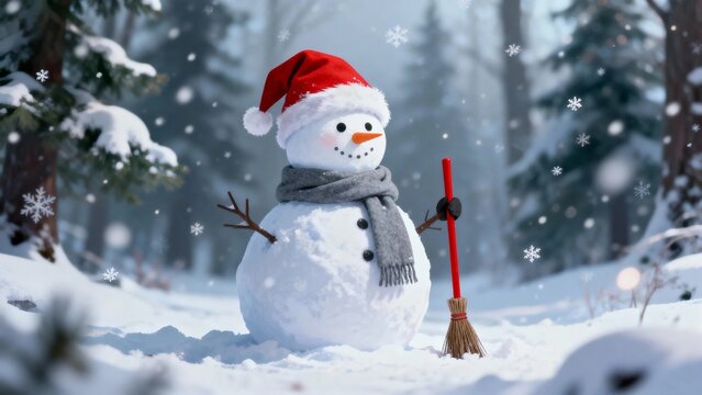Snowman wearing red Santa hat and gray scarf, holding broom in snowy forest during winter
