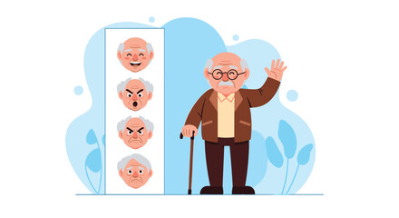An elderly man with different emotional expressions is shown providing a character set.