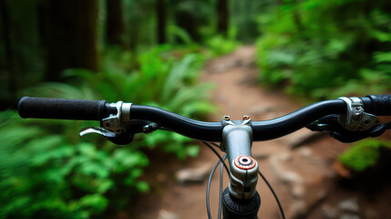 Mountain bike handlebar view on forest trail showing handlebars, brake levers and winding dirt path with lush green ferns and trees creating adventurous mood