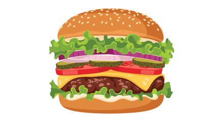 A classic hamburger with all the fixings is presented as a delicious and satisfying meal.