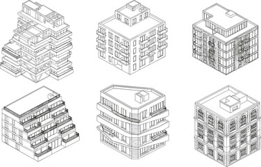 Modern architectural building sketches in isometric style showcasing detailed residential apartment designs, creative urban housing concepts, and 