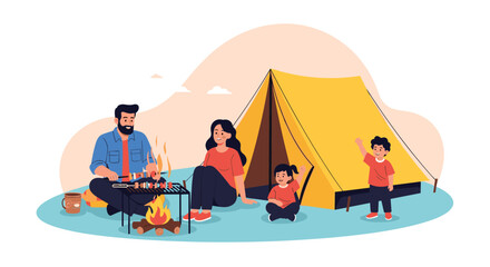 A family of three enjoys a picnic while camping creating a cozy and memorable outdoor experience.