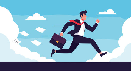 A businessman in a suit runs with a briefcase signifying a busy professional life or an urgent deadline.
